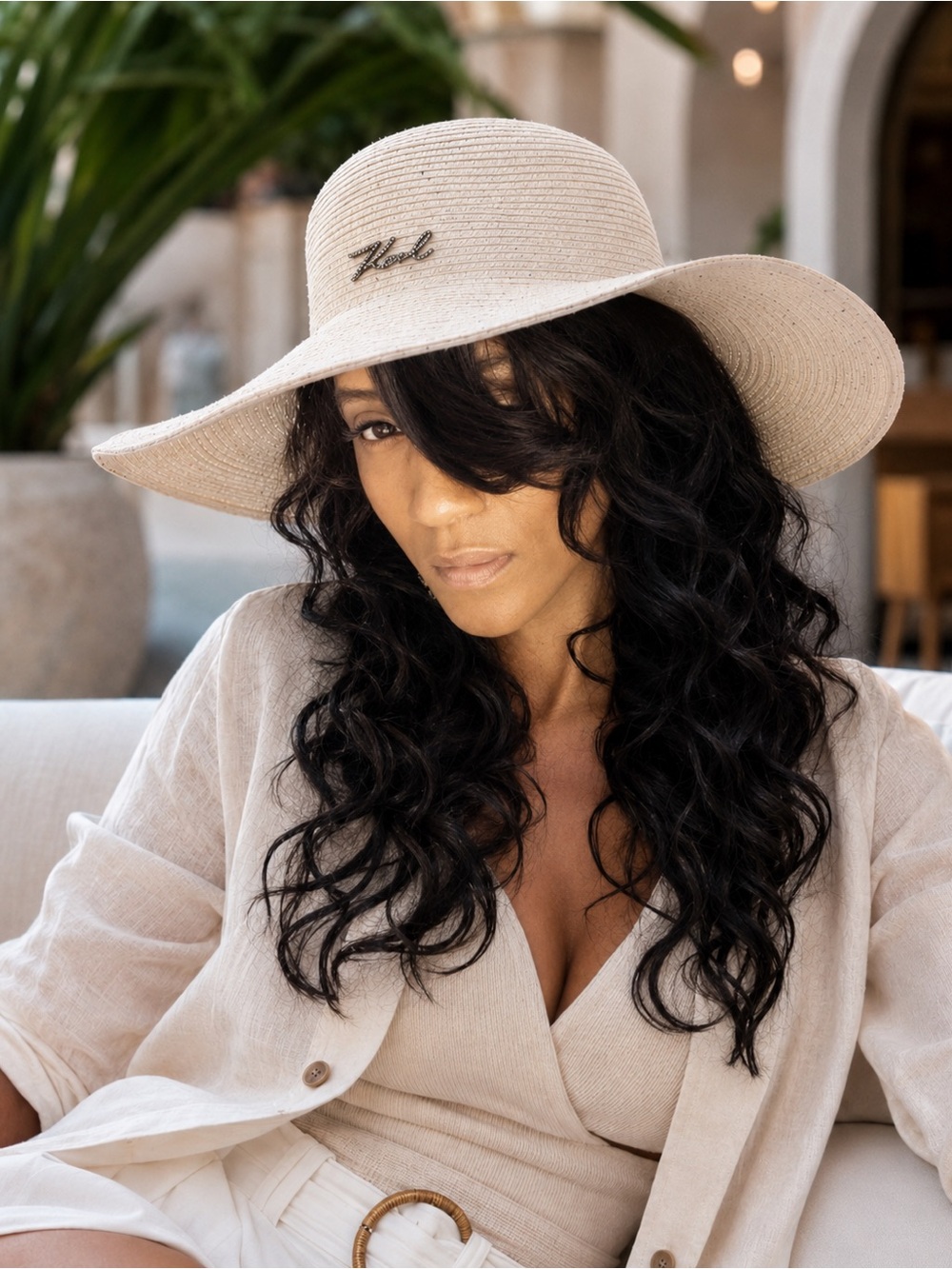 Karl Lagerfeld Paris Ivory Sparkle Wide Brim Sun Hat NWT
